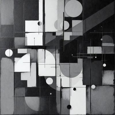 The primary subject of the image is a black and white artwork featuring a variety of shapes and circles. The setting is a black background, which contrasts with the white shapes and circles. The visual style is a combination of digital art and illustration, creating a unique and intricate design. The dominant colors are black and white, giving the artwork a classic and timeless appearance.